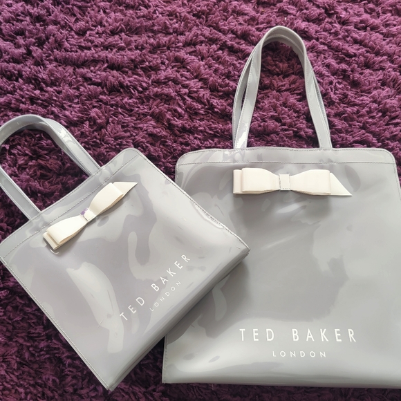 TED BAKER London Large & Small Shopper Tote Bag Duo Set x2 Grey Cream Bow 1 New - Picture 3 of 8